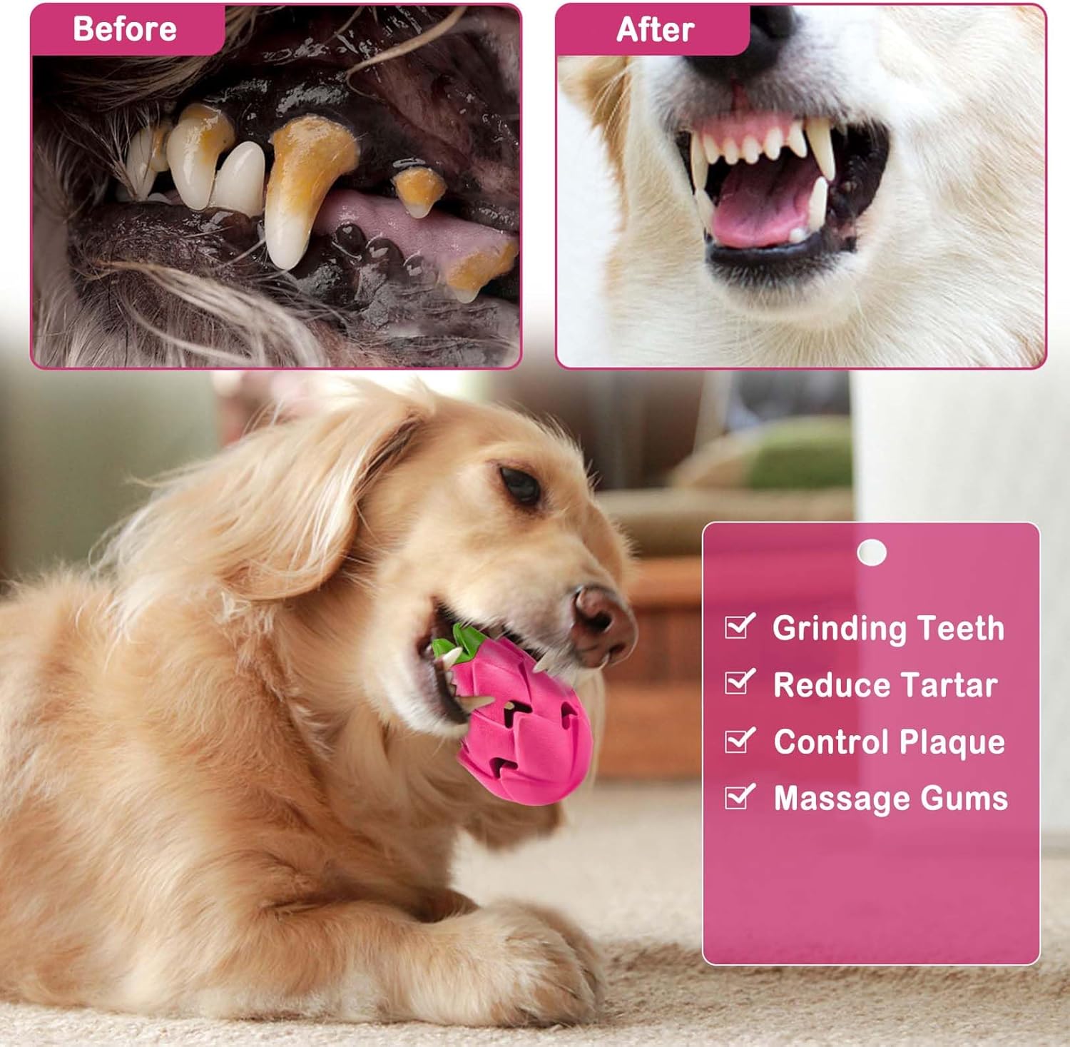 AUSCAT Dog Treat Dispensing Toys, Dispensing Puzzle Dog Toy for Aggressive Chewers, Rubber Dog Treat Dispenser, Interactive Stimulation Dog Food Toys, Pitaya Shape
