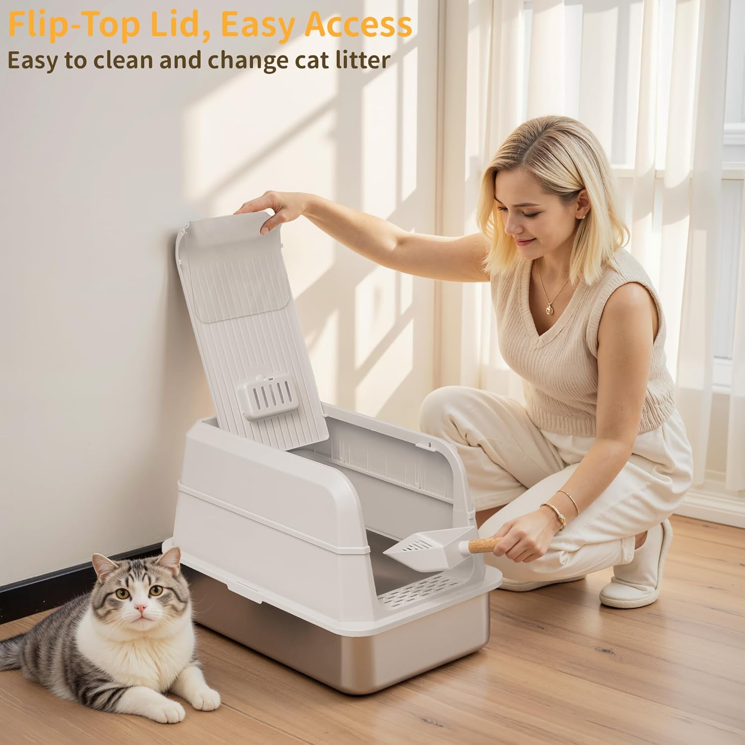 Stainless Steel Litter Box with Lid, XL Extra Large Cat Litter Box, Enclosed Metal Litter Pan with High Sided Enclosure & Scoop, Anti Leakage, Easy to Clean, Odor Control (White)