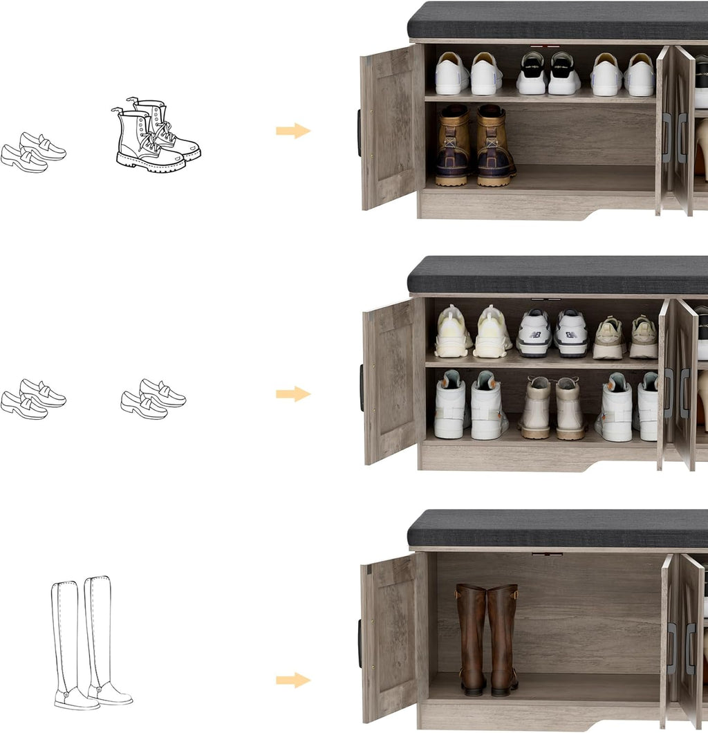 2-Tier Storage Bench, Shoe Bench with Padded Seat Cushion, Entryway Bench with 4 Barn Doors, Adjustable Shelf, 13.8" D x 47.2" W x 17.7" H, for Entryway, Living Room, Bedroom, Greige