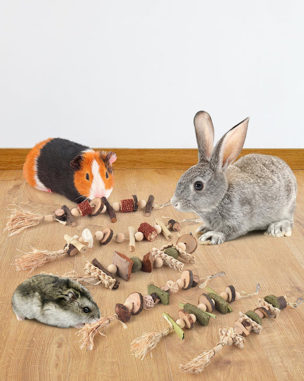 6PCS Bunny Chew Toys, Hamster Rabbit Cage Hanging Chew Toys, Natural Apple Wood Bunnies Treats, Improve Small Animal Teeth Health for Guinea Pig Chinchilla Ferret Rats Gerbil