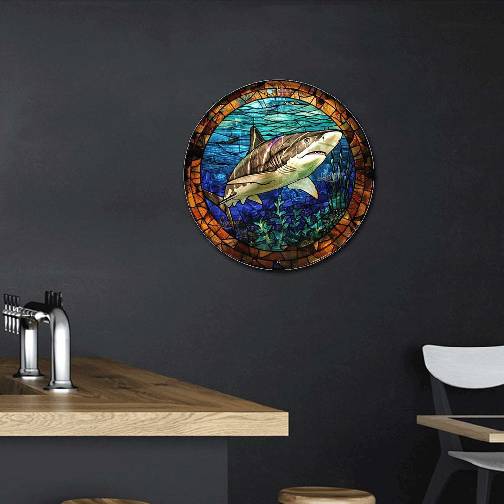 Lygond Metal Sign Tin Sign Circular Stained Glass Shark Funny Outdoor Decor for Garage 8×8 Inches