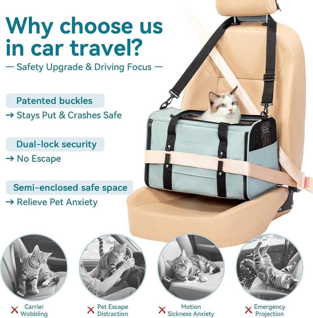 Petsfit Pet Carrier for Large and Medium Cats, Large Capacity Lightweight Soft-Sided Pet Carrier for Travel, with Adjustable Shoulder Strap, Locking Zipper Head and Washable Fleece Pad,Green