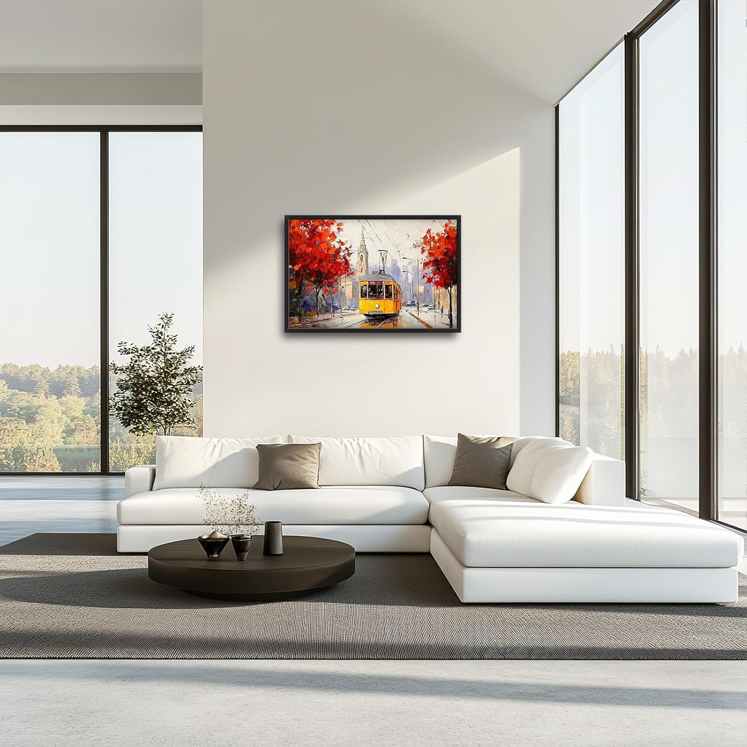 Large Cityscape Wall Art for Living Room, Framed Oversized Urban Tram Wall Decor Tree Landscape Canvas Painting Modern Artwork for Living Room Bathroom Bedroom Office Dining Room 36"x24"