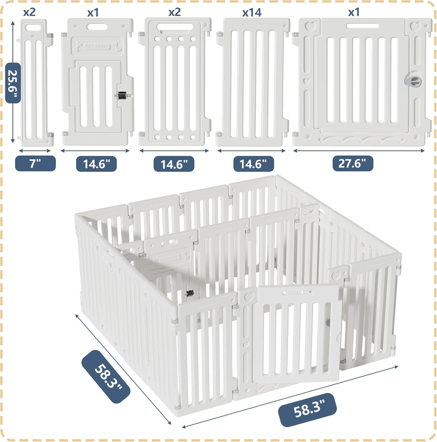 2 Room Dog Playpen with Door,DIY Shape Combination Puppy Pen,16-Panel+2 Link Piece+Large Door+Small Door,25.5" H Dog Fence,Non-Slip&Secure Pet Gate,Easy to Assemble