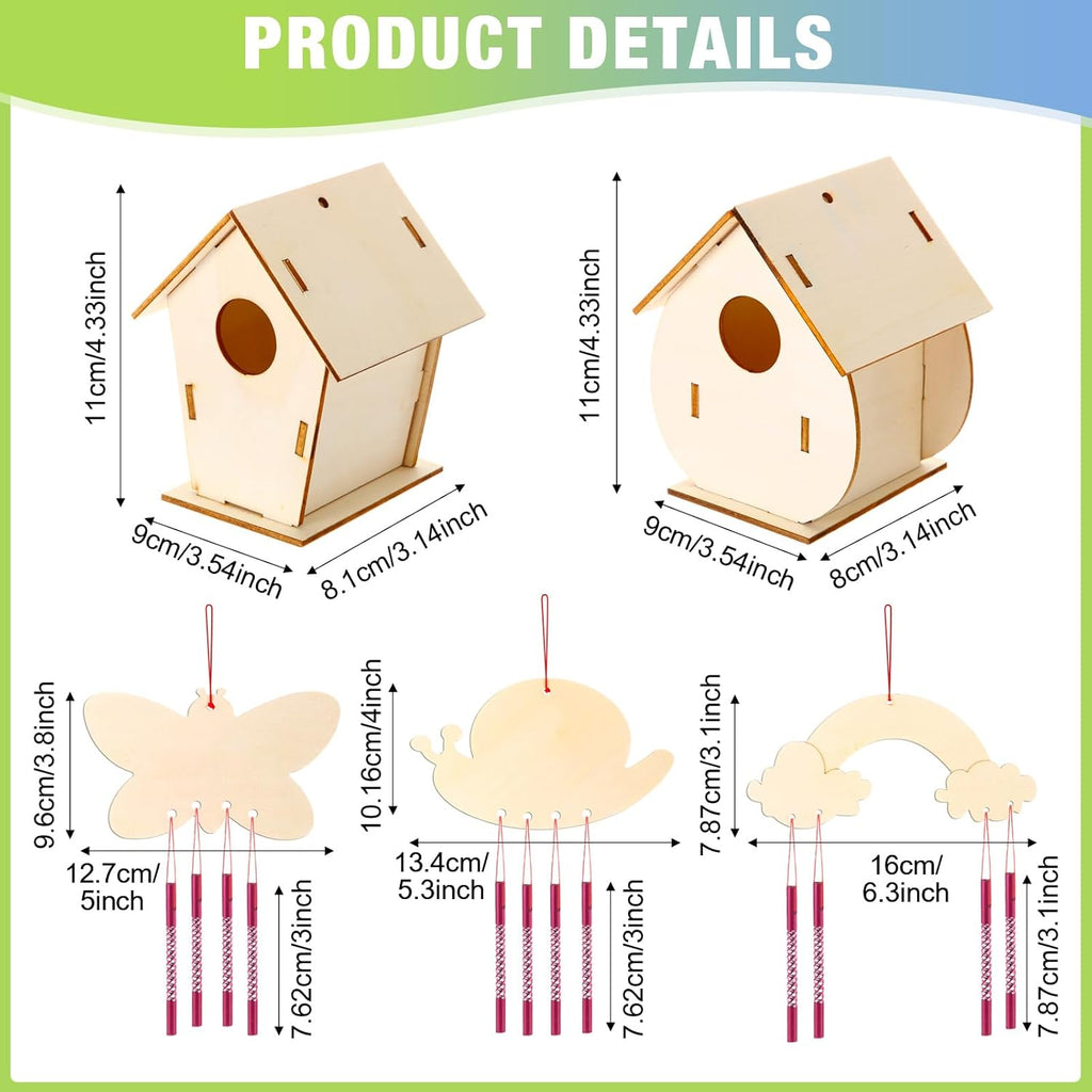 30 Pcs Crafts DIY Bird House Wind Chime Kit Unfinished Wood Birdhouse Kits 12 Wooden Birdhouses & 18 Wind Chimes Build and Paint Birdhouses Bulk Crafts Set