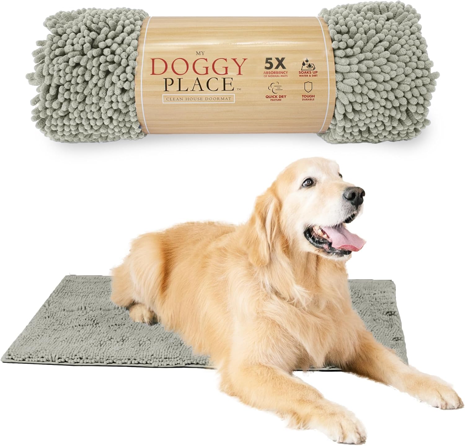 My Doggy Place Microfiber Dog Mat for Muddy Paws, 36" x 26" Light Gray - Absorbent and Quick-Drying Dog Paw Cleaning Mat, Washer and Dryer Safe - Non-Slip Rubber Backed Dog Floor Mat, Large