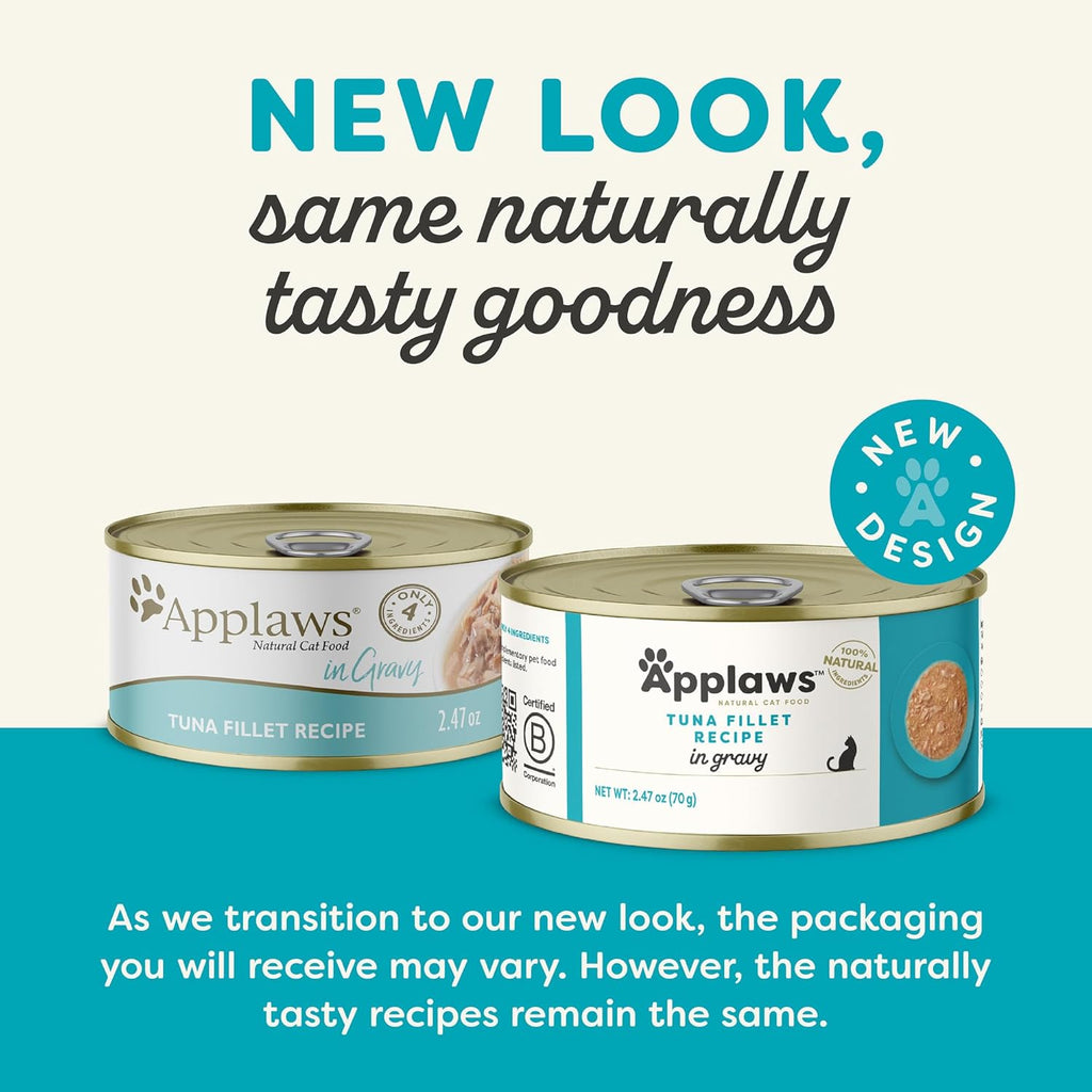 Applaws Natural Wet Cat Food in Gravy, Limited Ingredient Canned Wet Cat Food, No Additives, Made with Natural Ingredients, Tuna Fillet in Gravy (24 x 2.47oz Cans)
