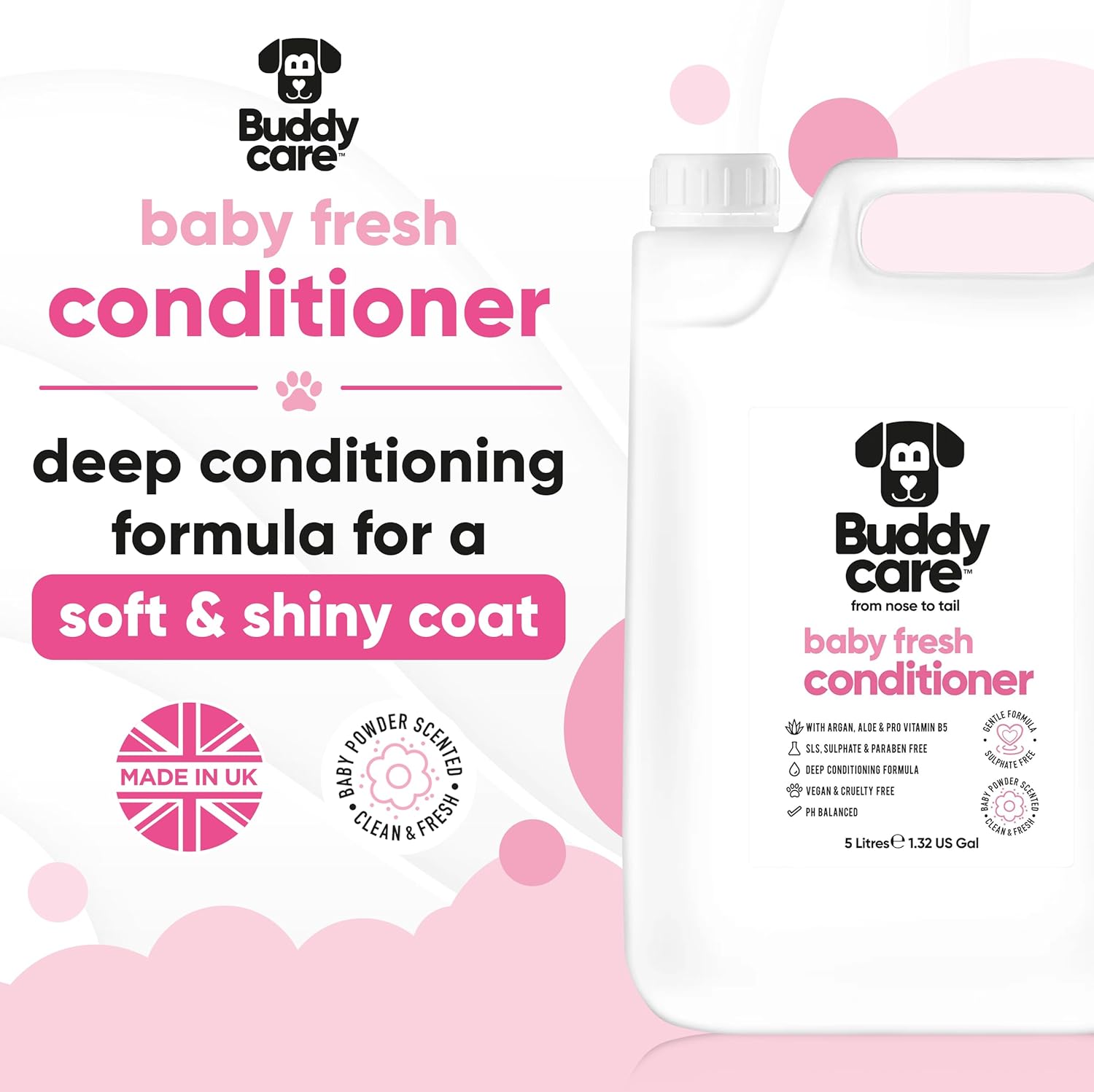 Baby Fresh Dog Conditioner (169.07oz) Made with Aloe Vera, Argan Oil & Pro Vitamin B5 to Detangle Matted Coats & Relieve Sensitive & Itchy Skin, Suitable for Puppies from 8 Weeks, Vegan