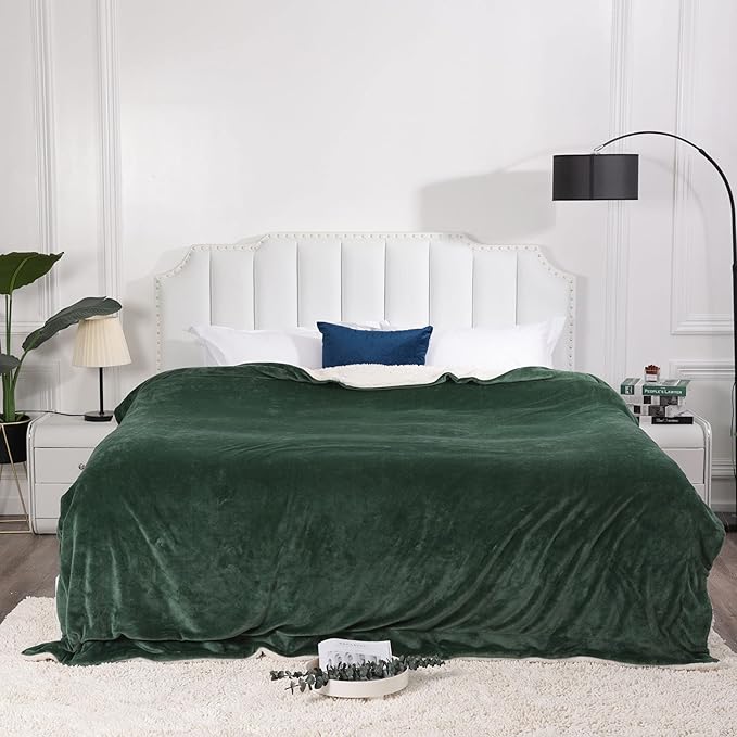 NANPIPER King Size Sherpa Blanket, Soft Fleece Throw for Bed, Reversible Thick Fuzzy Blanket for Winter (Olive Green, 90x108 inches)
