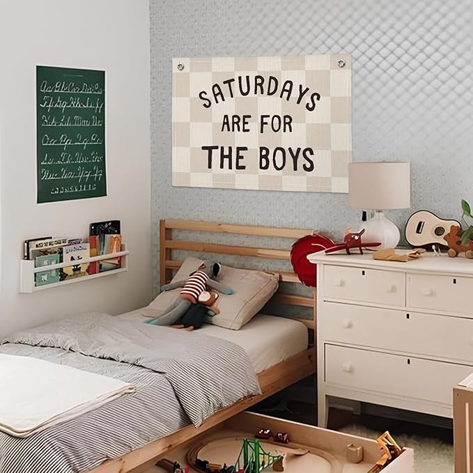 Boys Banner Flags for Bedroom, Linen Canvas Banner Wall Hanging Flag Decor for Boy Room Playroom Dorm