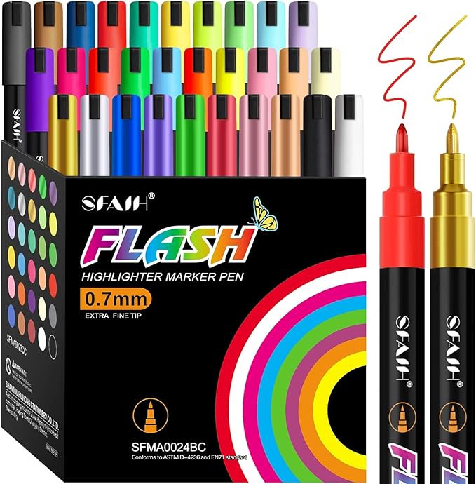 SFAIH Liquid Chalk Markers for Bhalkboard - [Highlighter Marker Pen for LED light board], 0.7-1mm Fine Tip, 30 Colors, Chalk Pens for Chalkboard, Calendar, Windows, Glass