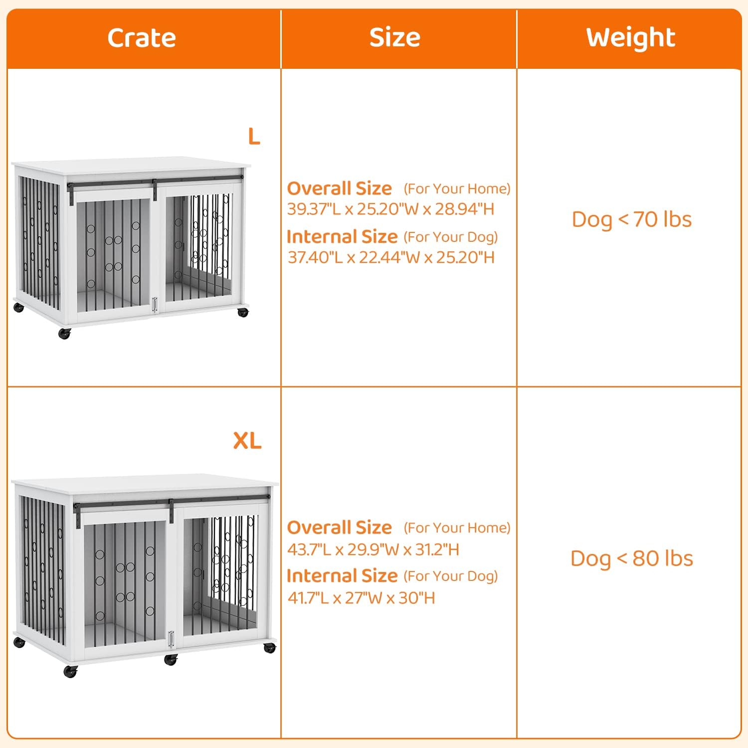 IchbinGo Large Dog Crate Furniture with Sliding Barn Door, 43.7" Wooden Dog Kennel End Table with Wheels and Flip-top Plate Dog House with Detachable Divider for Small/Medium/Large Dog (White)