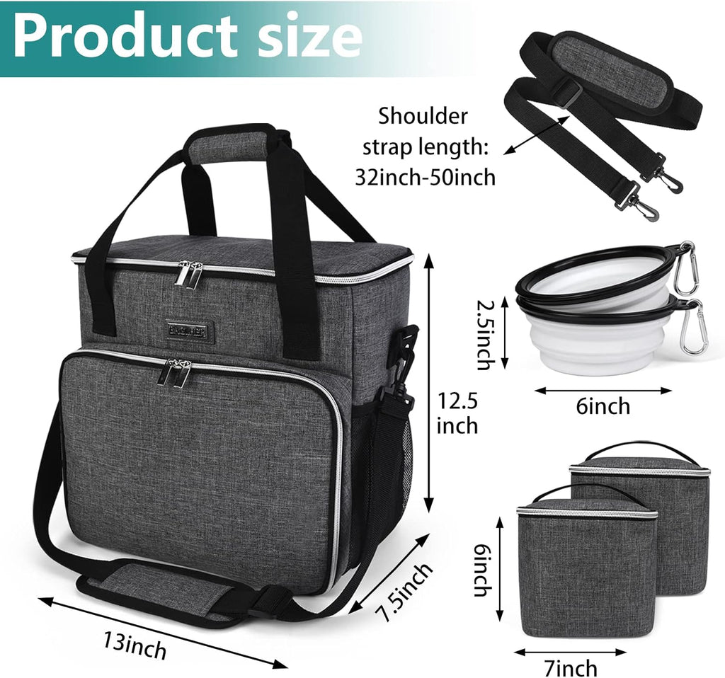 BAGLHER Dog Travel Bag, Pet Travel Bag (ALL Pet Travel Supplies), With 2 Pet Food Containers and 2 Collapsible Silicone Bowls; Essential Kits for Pet Travel Grey