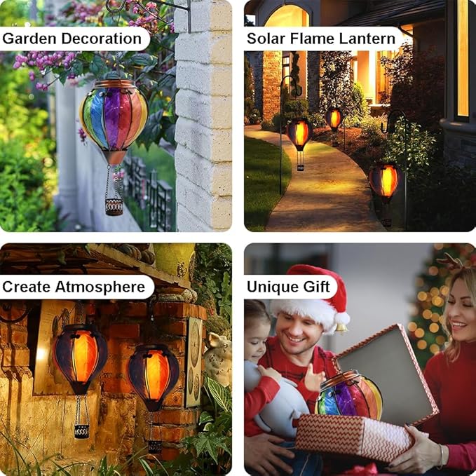 Hot Air Balloon Solar Lantern with Flickering Flame, Glass Hanging Garden Lights Outdoor Waterproof for Tree Yard Patio Mother's Day Gift, 18" H Colorful-A