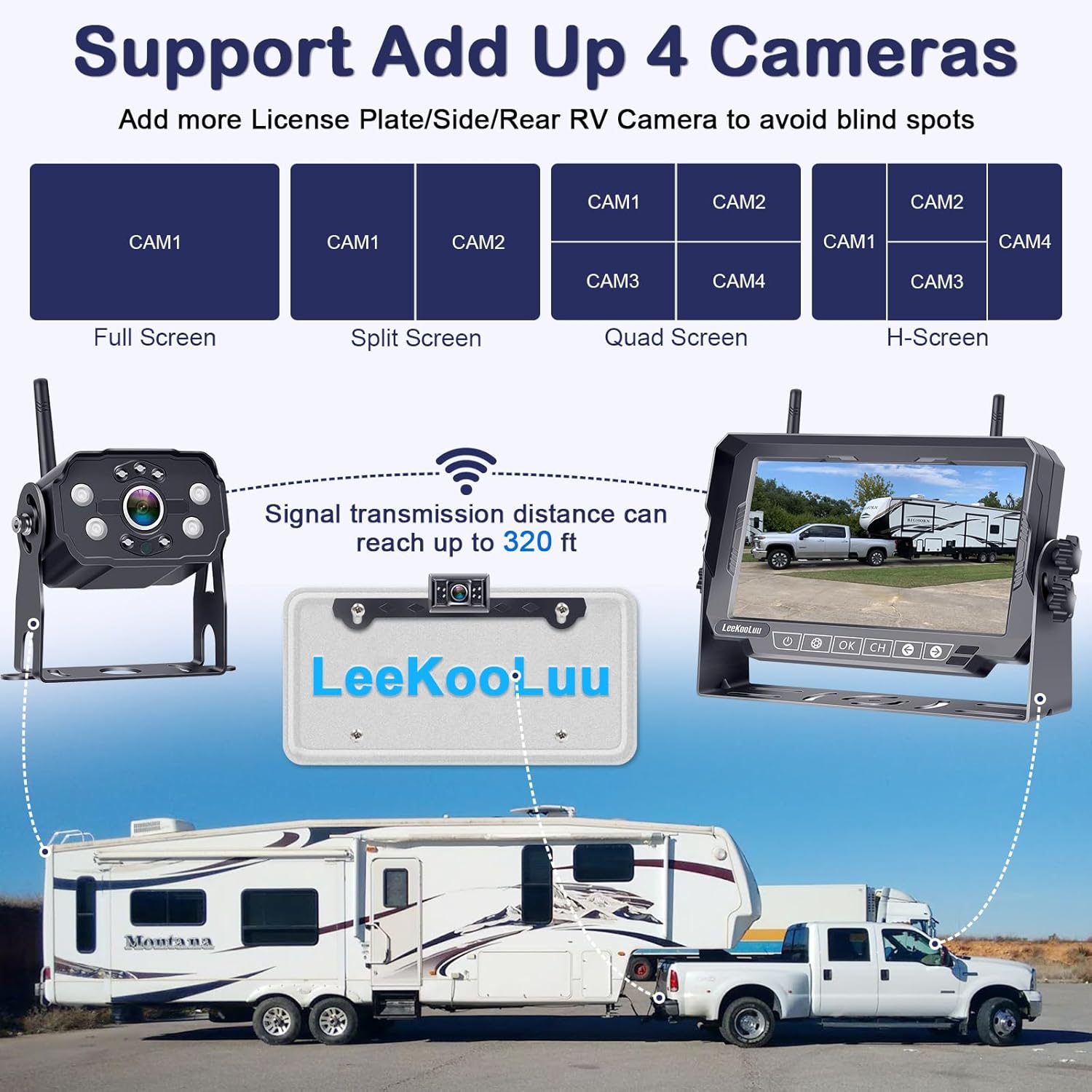 Dual RV Backup Cameras Wireless - Ease Install Plug-Play Recording HD 1080P 7'' Touch Key Monitor Trailer Truck Rear View Cam Night Vision Signal No-Delay 4 Channels for Furrion Pre-Wired Mount