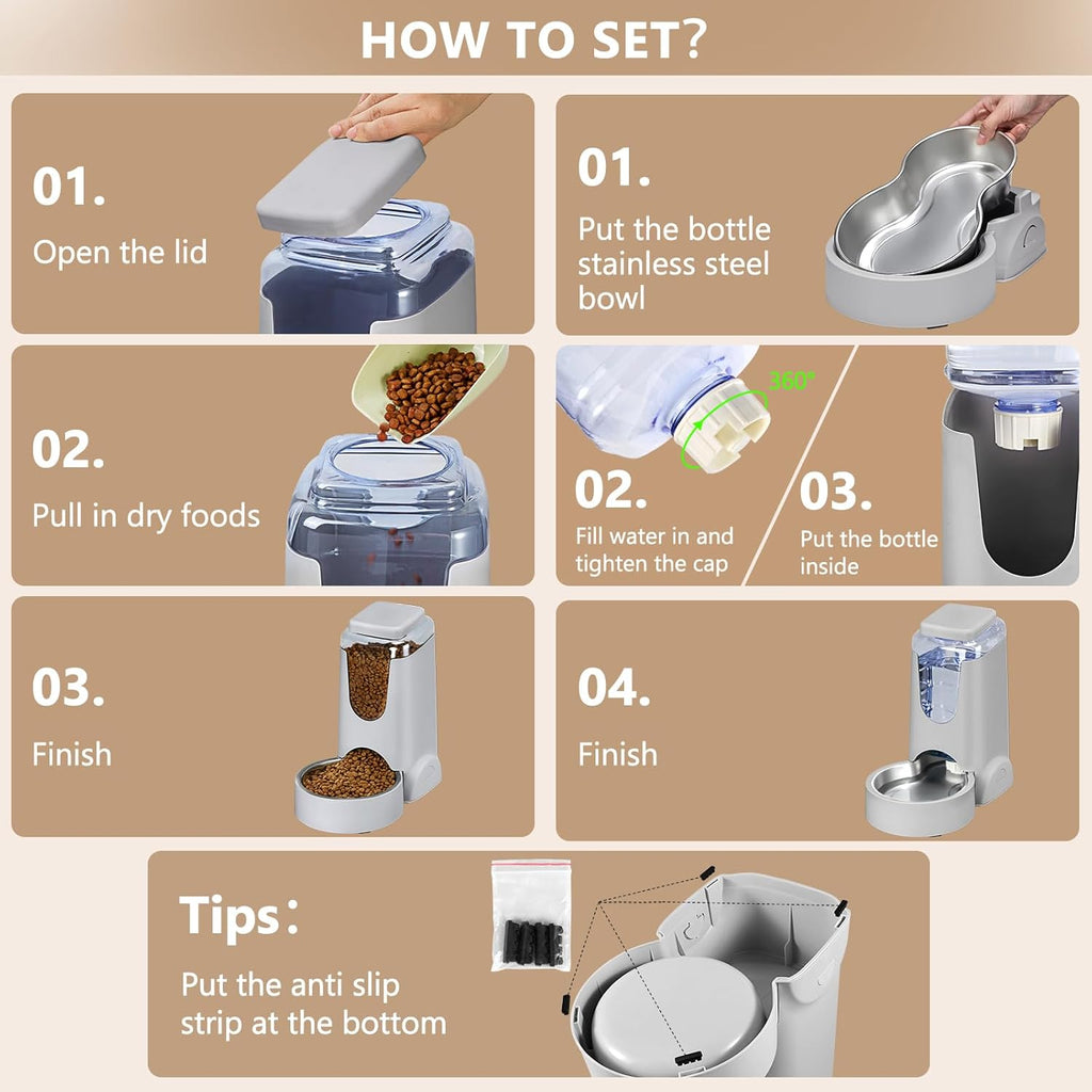 Automatic Cat Feeder and Water Dispenser with Stainless Steel Bowl Dog Gravity Food Feeder and Waterer for Small Medium Pets Puppy Kitten 1 Gallon x 2