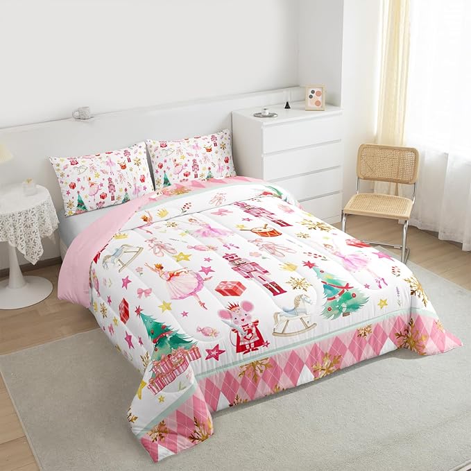 Feelyou Pink Christmas Kids Comforter Set Queen Size Ballet Nutcracker Bedding Set Snowflake Duvet Quilt for Kids Boys Girls Bedroom Decor Microfiber Ultra Soft Breathable