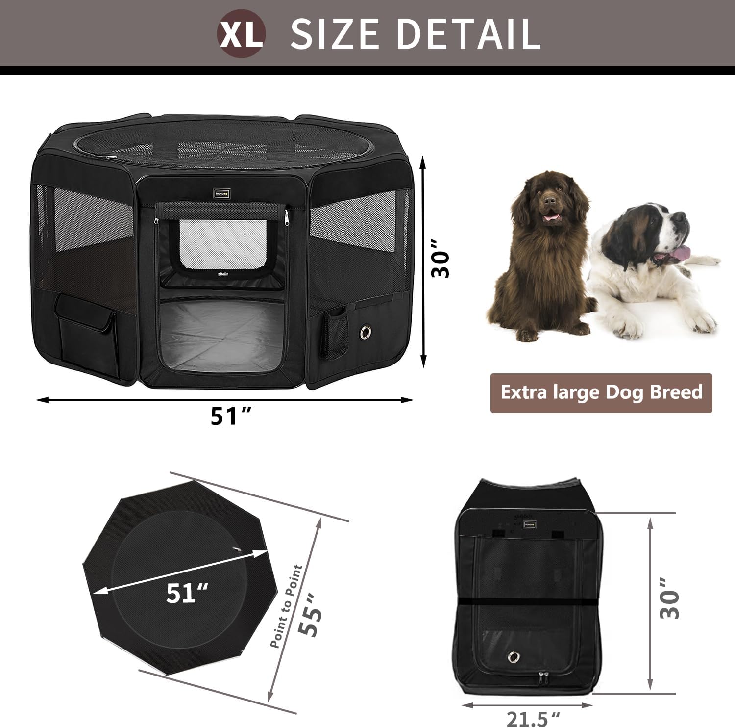 DONORO Dog Playpen Portable Pet Play Pens for Small Dog/Cat/Rabbit/Chicks, Cat Playpen Indoor/Outdoor with Carring Case, Removable Zipper Top and Bottom (Black, Extra Large (55"x55"x30"), 8)