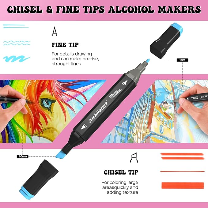 alchilalart 120 color alcohol base markers, alcohol marker set with base, double head alcohol sketch drawing markers animation for adults and children