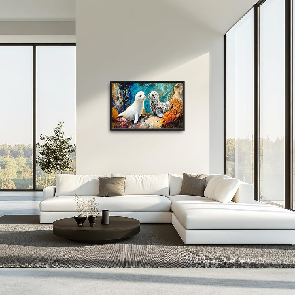 Extra Large Seal Framed Wall Art for Living Room,Oversized Underwater Animal Pictures Wall Decor,Ocean Coral Reef Canvas Print Painting Modern Artwork Bedroom Office Bathroom 36L" x 24W"