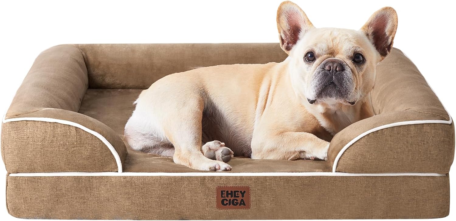 EHEYCIGA Orthopedic Dog Bed for Medium Dogs, Waterproof Memory Foam Medium Dog Beds with Sides, Non-Slip Bottom and Egg-Crate Foam Pet Couch Bed with Washable Removable Cover, Camel
