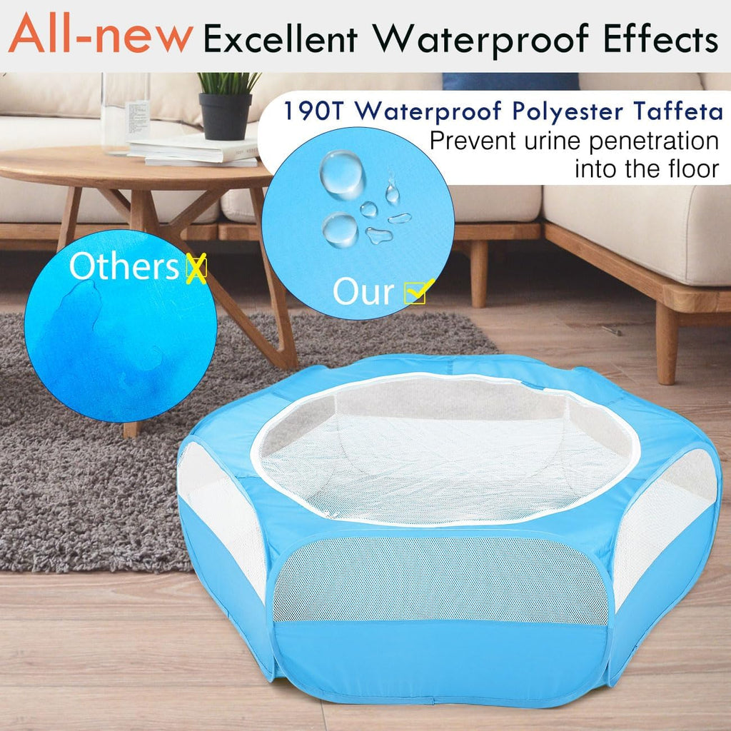 Pawaboo Small Animals Playpen, Waterproof Small Pet Cage Tent with Zippered Cover, Portable Outdoor Yard Fence with 3 Metal Rod for Chick/Kitten/Puppy/Guinea Pig/Rabbits/Hamster/Chinchillas,Light Blue