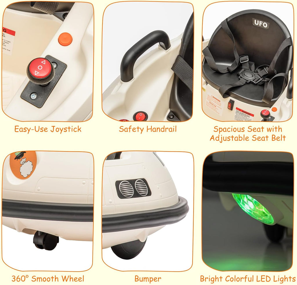 12V Electric Ride on Bumper Car for Toddlers, Kids Bumper Car with Remote Control, 360 Degree Spin, LED Lights, Dual Joysticks, Safety Belt for 18+ Months Kids, White