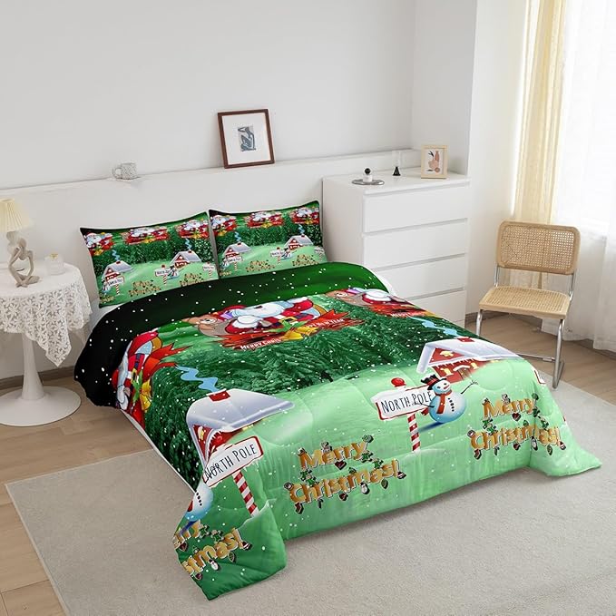 Feelyou Santa Claus Printed Comforter Set Christmas Bedding Set for Kids Boys Girls Galaxy Blue Cute Decor Comforter Snowman Snowflake Quilt Collection 3Pcs Queen Size