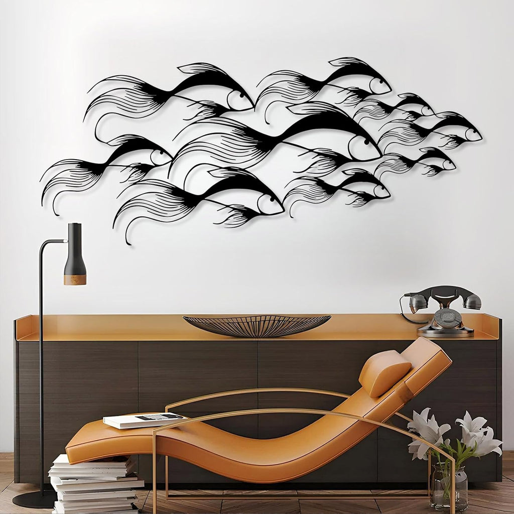 School of Fish Metal Wall Art, Metal Fish Wall Decor, Sea Life Wall Art, Large Nautical Wall Hanging, Modern Beach House Wall Decor, Ocean Themed Artwork for Bathroom (Gold, 48"x20" | 121x51cm)
