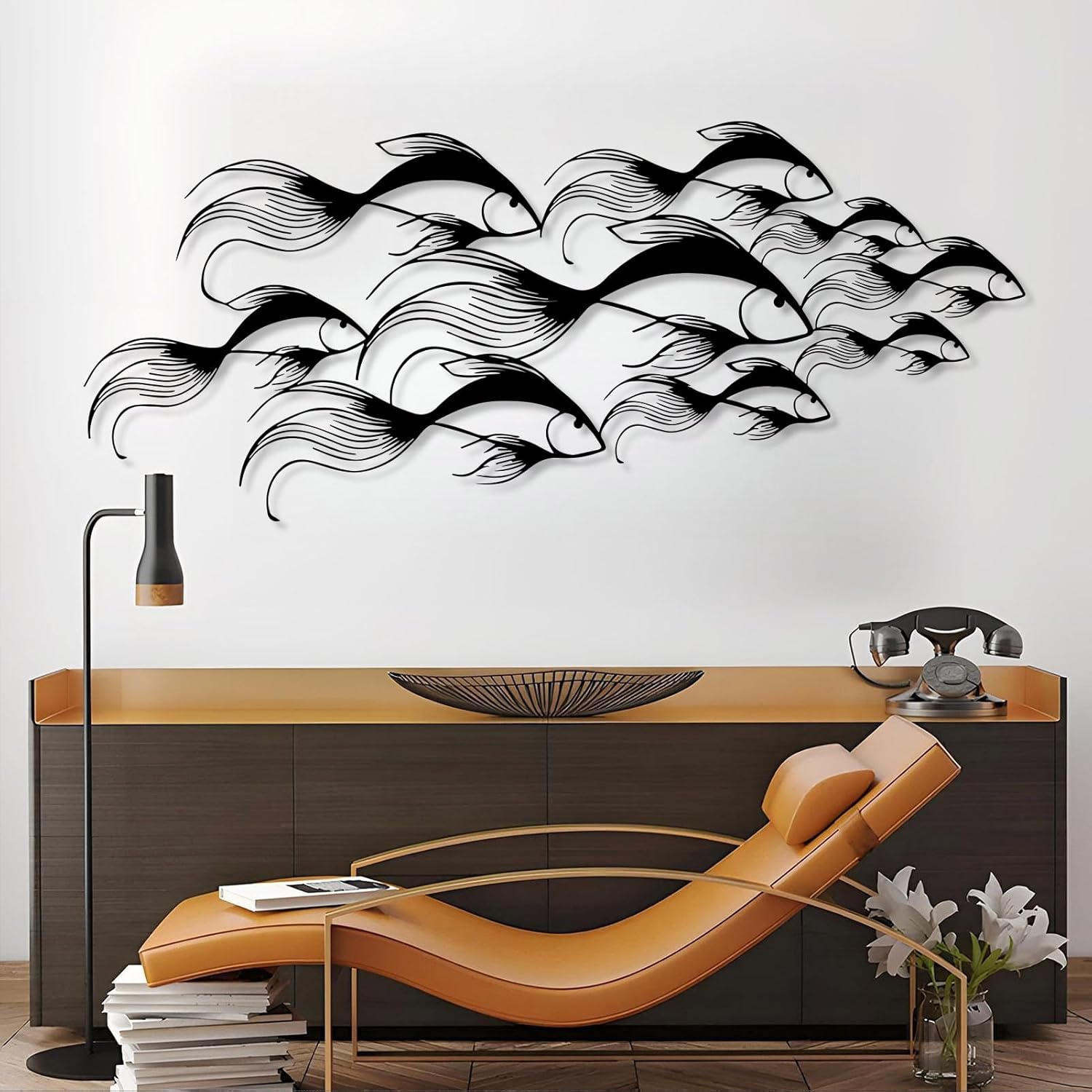 School of Fish Metal Wall Art, Metal Fish Wall Decor, Sea Life Wall Art, Large Nautical Wall Hanging, Modern Beach House Wall Decor, Ocean Themed Artwork for Bathroom (White, 35"x15" | 90x38cm)