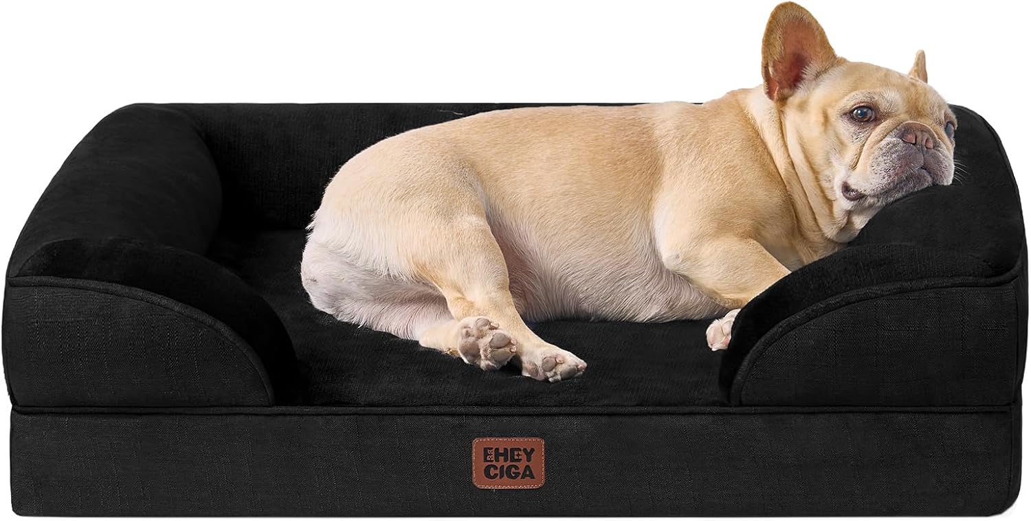 EHEYCIGA Orthopedic Dog Bed for Medium Dogs, Waterproof Memory Foam Medium Dog Beds with Sides, Non-Slip Bottom and Egg-Crate Foam Pet Couch Bed with Washable Removable Cover, Black