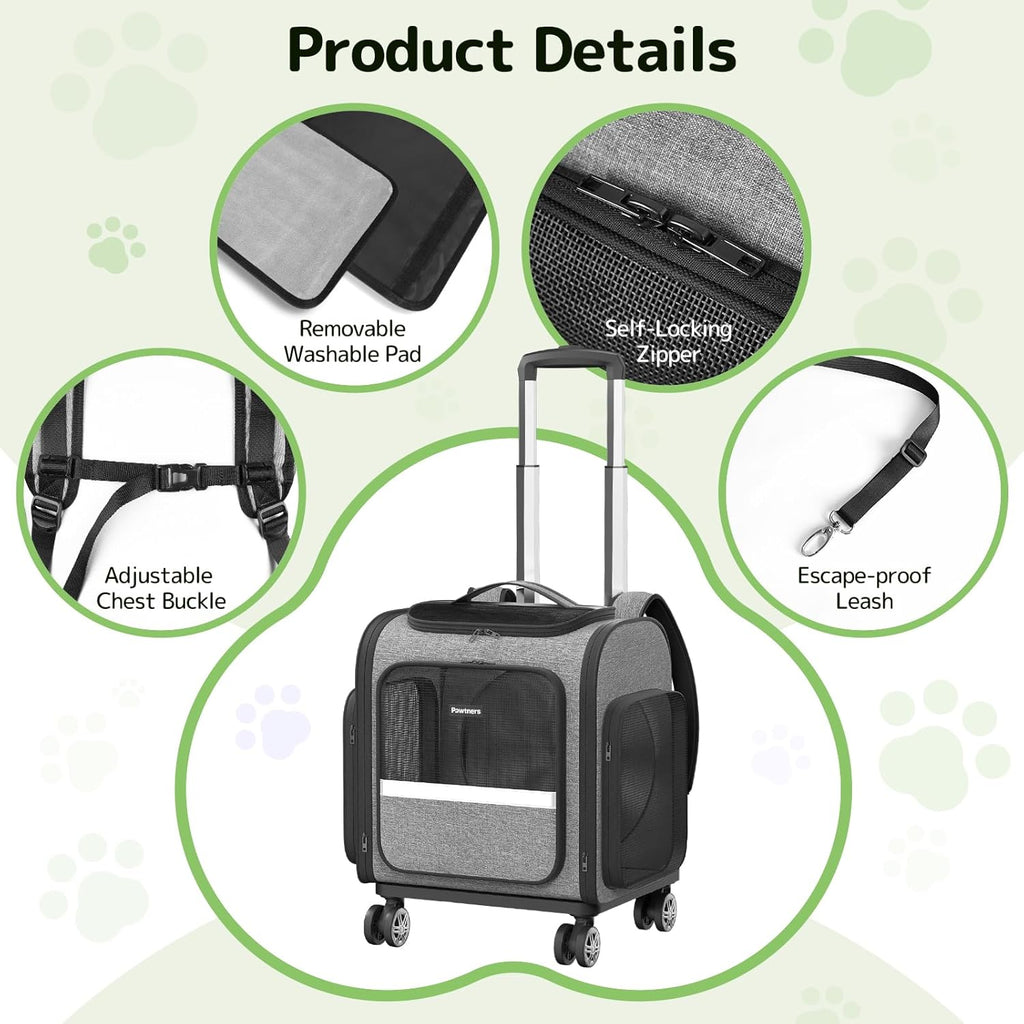 Rolling Cat Carrier with Wheels: Dog Carrier for Small Dogs & Large Cats, Expandable Pet Carrier on Wheels with Cat Play Tunnel, Large Capacity, Breathable Mesh, Side Pocket, Grey