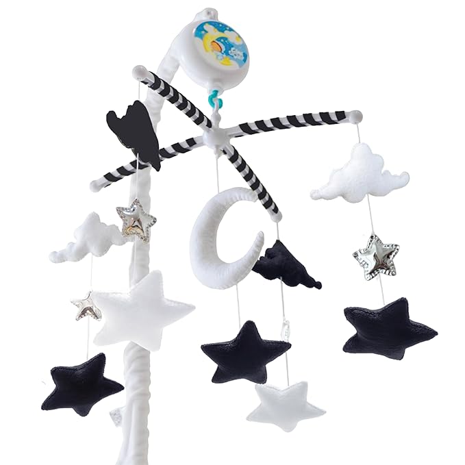 Starry Night Mobile - Cloud and Star Mobile with 12 Piano Lullabies - Black and White Baby Crib Mobile for Boys & Girls