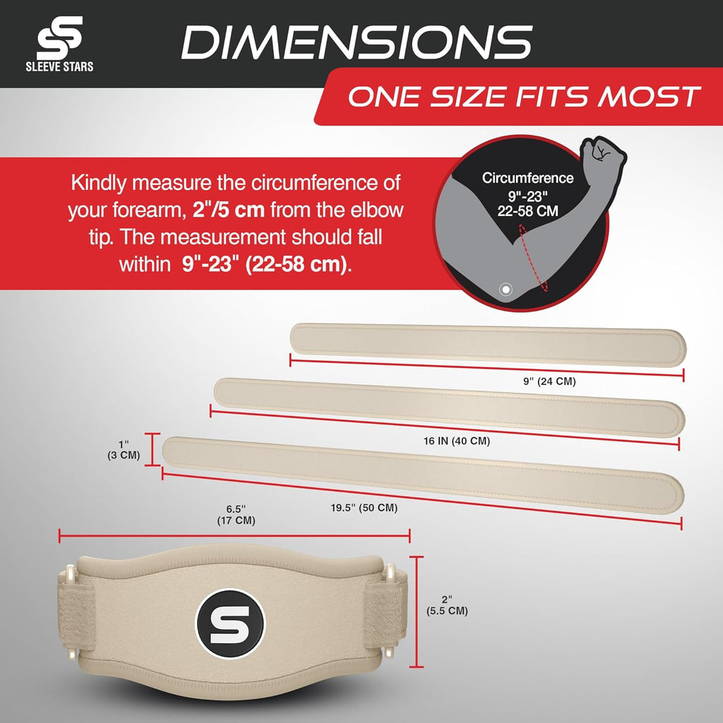 Sleeve Stars Tennis Elbow Brace for Men & Women, Tendonitis Elbow Brace & Strap Golfers Elbow Brace Counterforce Band for Tendon Pain Relief & Support for Forearm w/ 3 Straps Fits 9-23" (Single) (2, Beige, One Size)