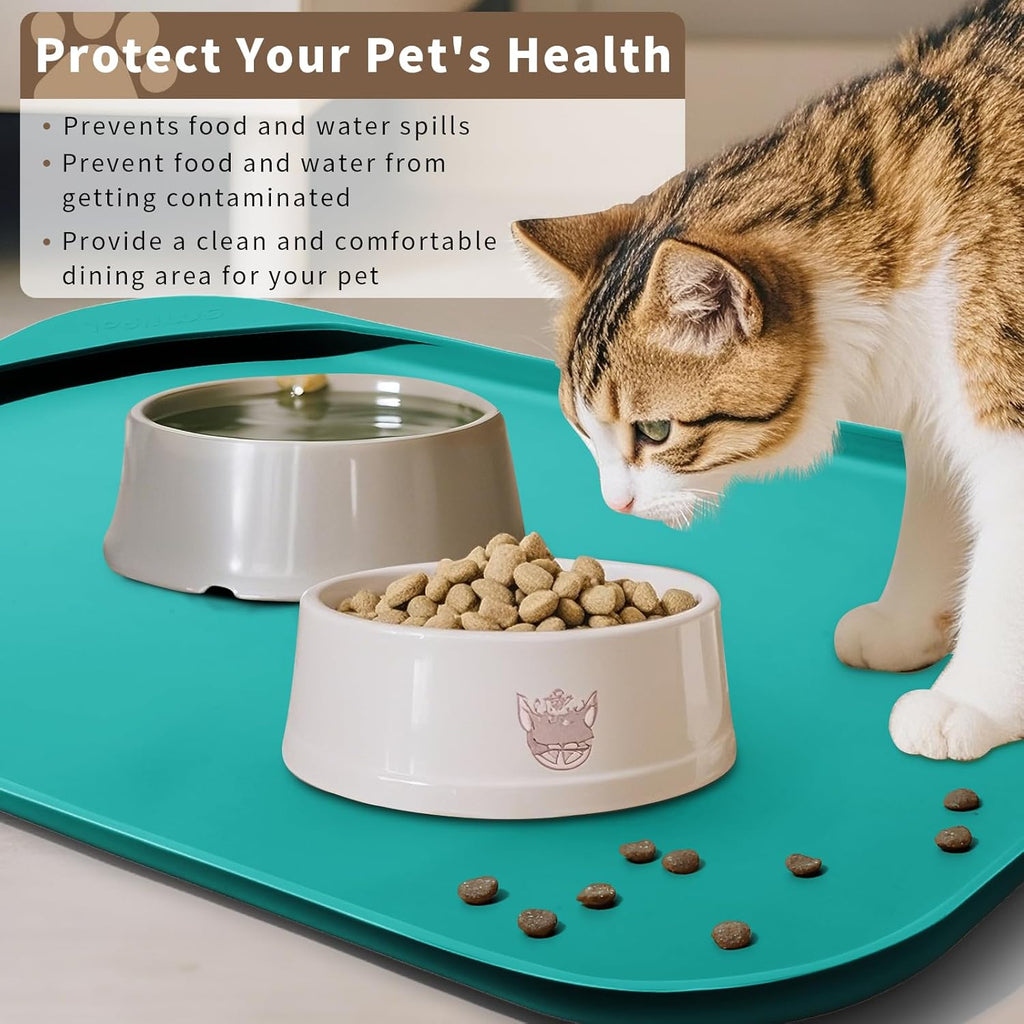 Silicone Pet Feeding Mat with Raised Edge & Residue Collection Pocket for Food and Water, Dog Bowl Mats, Cat Bowls Placemat with High Lip for Floor Waterproof, 19 x 12 x 0.7 Dark Turquoise