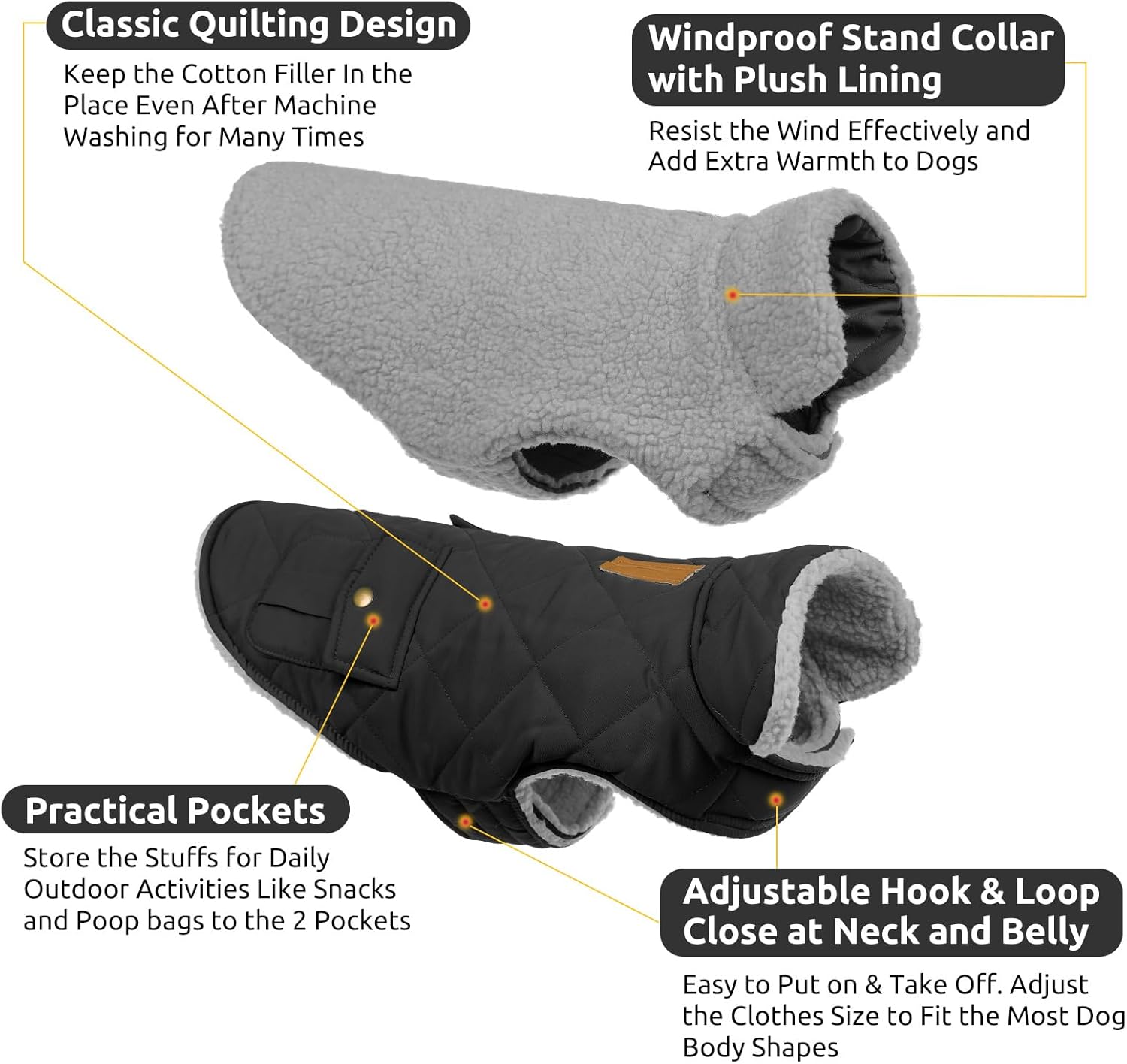 Queenmore Dog Winter Coat Warm Puffer Jacket Waterproof Plush Lining Thermal Cold Weather Vest for Small Medium Large Dogs, Windproof Easy On Pet Jacket Black S
