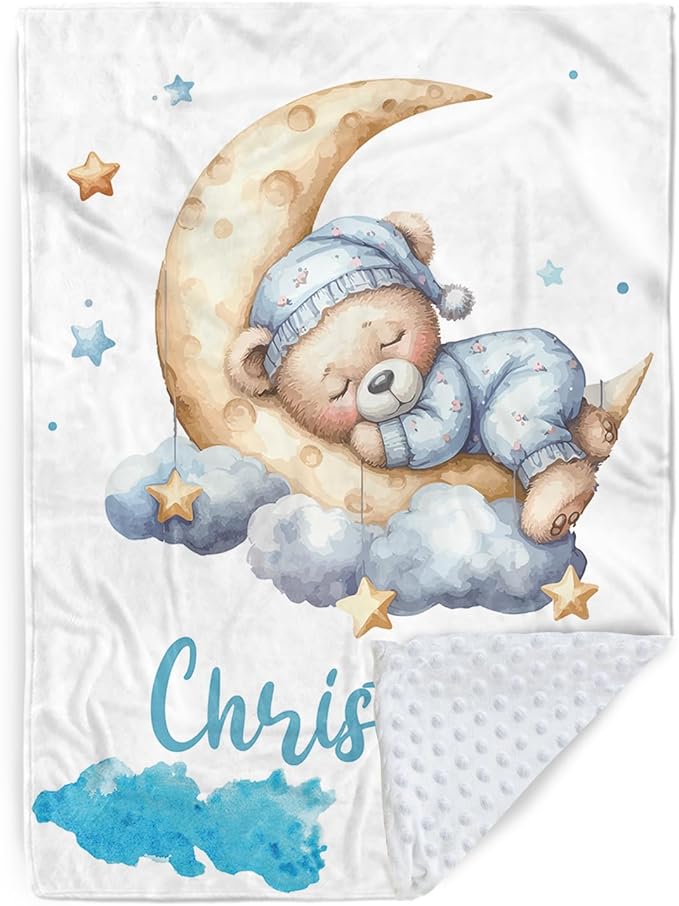 Personalized Baby Blanket with Name, Customized Blanket for Newborn Boys Girls, Sleepy Bear Theme Baby Name Blanket with Dotted Backing, Receiving Swaddle, Baby Shower Birthday Gifts(30”x40)
