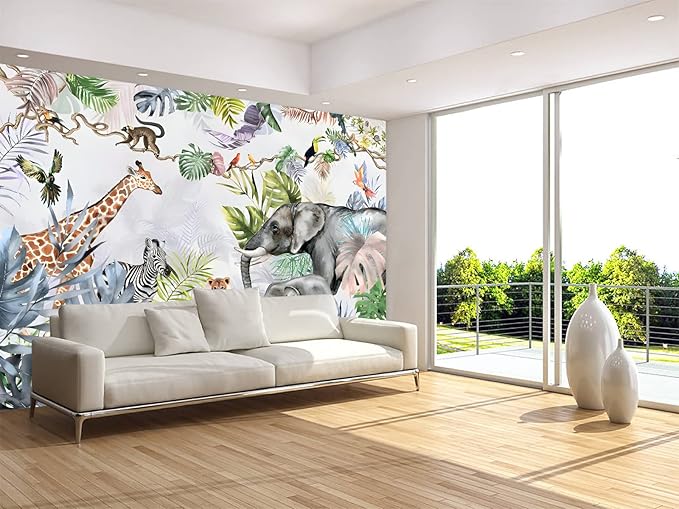 Safari Wallpaper for Kids with Animals Jungle Wall Mural Watercolor Animals Nursery Wallpaper Children Room Decor (Not Peel n' Stick)