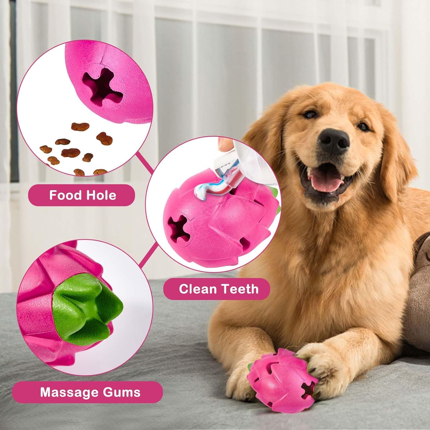 AUSCAT Dog Treat Dispensing Toys, Dispensing Puzzle Dog Toy for Aggressive Chewers, Rubber Dog Treat Dispenser, Interactive Stimulation Dog Food Toys, Pitaya Shape