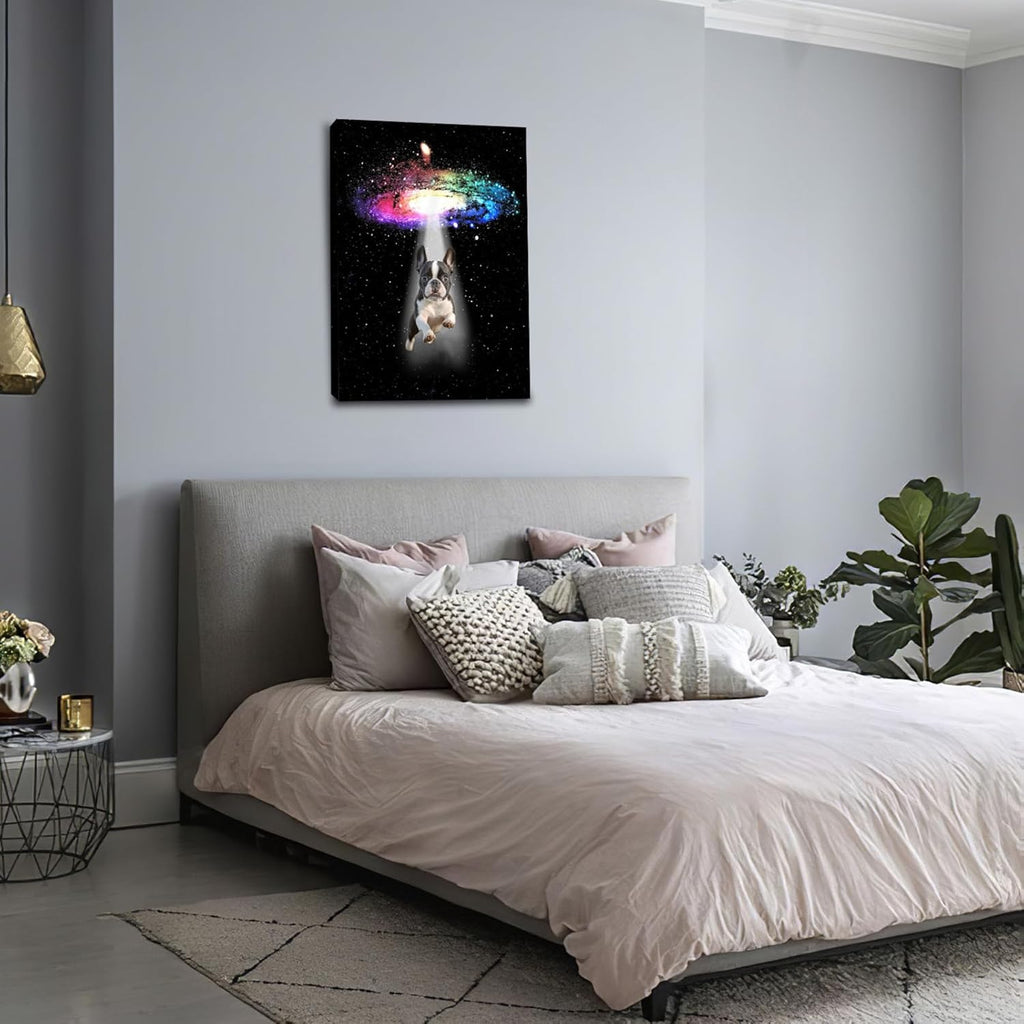 Funny Dog Wall Art Canvas Boston Terrier Wall Decor Prints Framed Painting Bulldog Galaxy Pictures Gifts Artwork for Bathroom 16"x24"