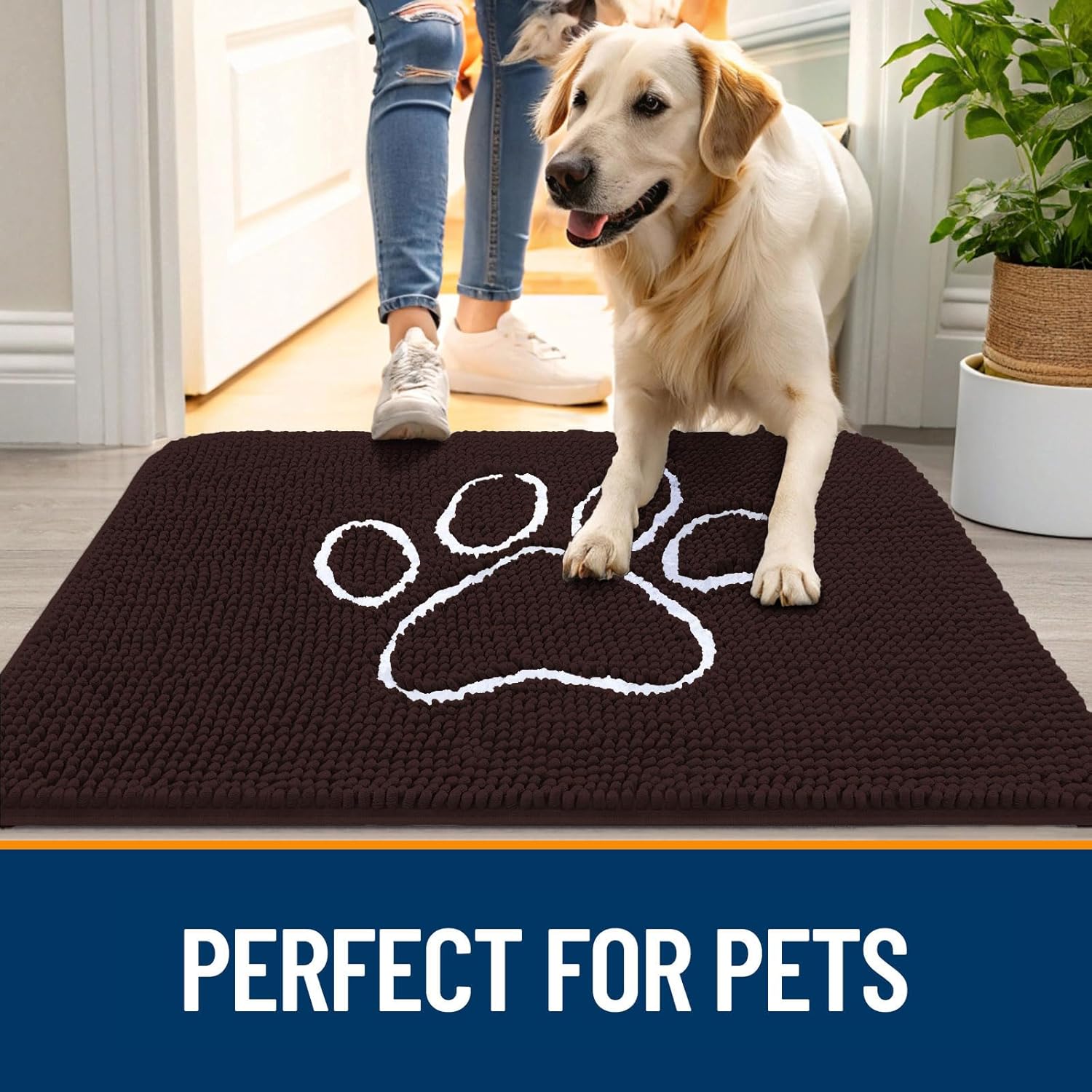 OLANLY Door Mat for Muddy Dog Paws 48x30, Ultra Absorbent Chenille Mud Doormat with Paw Print Design, Non-Slip Washable Doormat for Indoor Entryway, Quick-Dry Pet Bed Mats for Dirty Dogs, Brown
