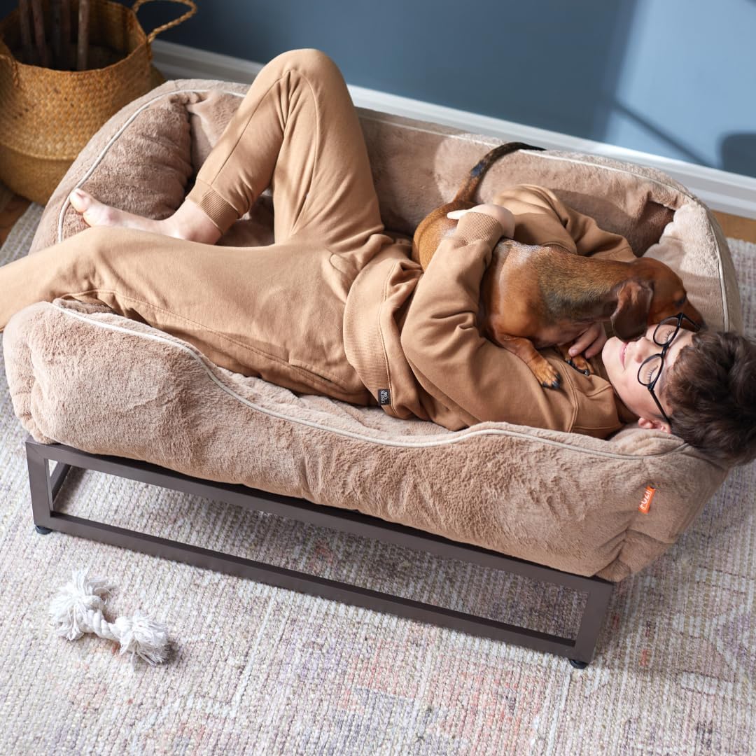 FUZI Luxury Aesthetic Dog Bed for Medium Dogs with Washable Cover, Pet Couch, Pet Bed with Sides, Non-Slip Bottom, Soft and Durable Calming Dog Bed, Faux Rabbit Fur, Medium 31.75x23.6x9.5 Light Brown