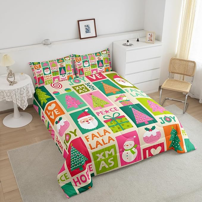 Feelyou Christmas Comforter Set Snowman Christmas Tree Print Kawaii Comforter Xmas Santa Claus Bedding Set for Kids Girls New Year Theme Quilt Set Bedroom Collection 2Pcs Twin Size