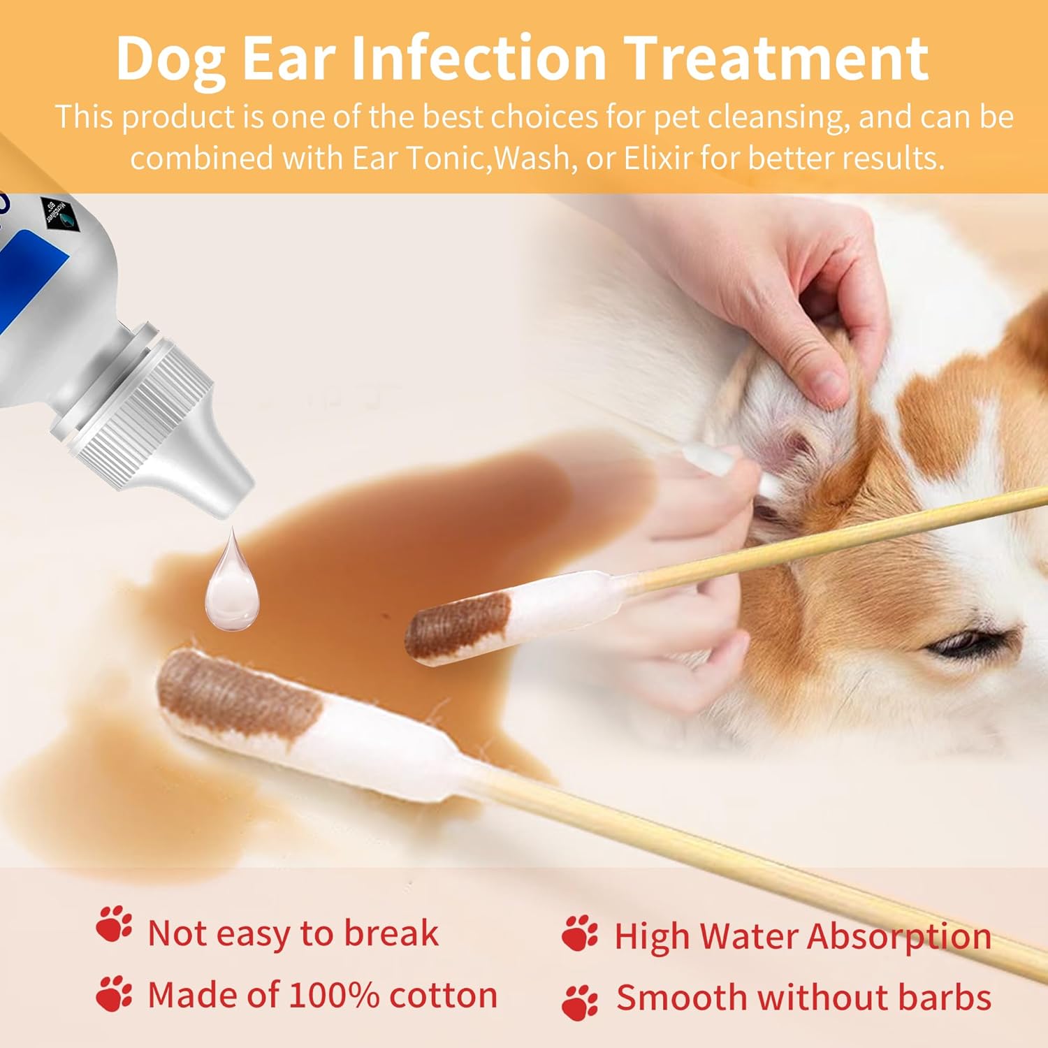 300 PCS 6 Inch Long Cotton Swabs in Box - Professional Large Cotton Swabs with Bamboo Handle - Double Sided Dog Ear Swabs - Specially Designed Big Cotton Swabs for Dog Ear, Cleaning Solution