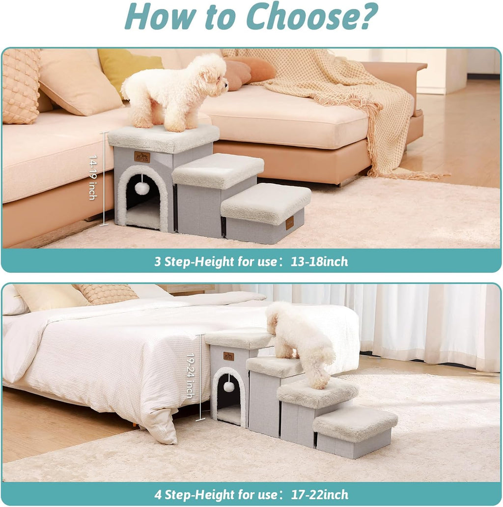 Dog Stairs for Small Dogs with Storage and Condo, 14" H Foldable Pet Stairs for Small Medium or Puppy Dogs and Older Cats, Dog Steps for Bed or Couch, 13x27x14 inch, 3 Tiers, Beige