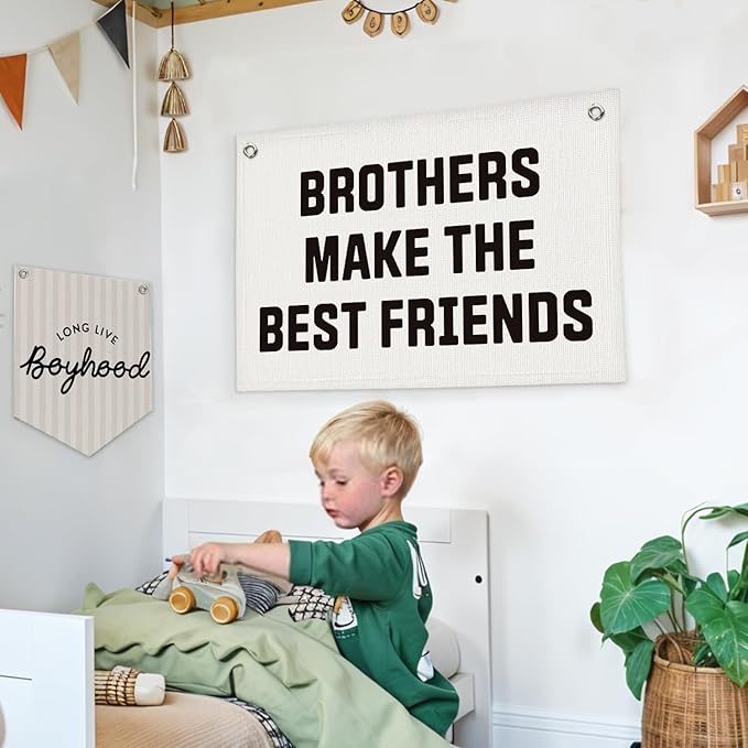 Lacama Boys Room Decor, Brothers Make The Best Friends, Canvas Banner Wall Hanging Flag Decor for Nursery Classroom Playroom Kids Room 30x20 Inch