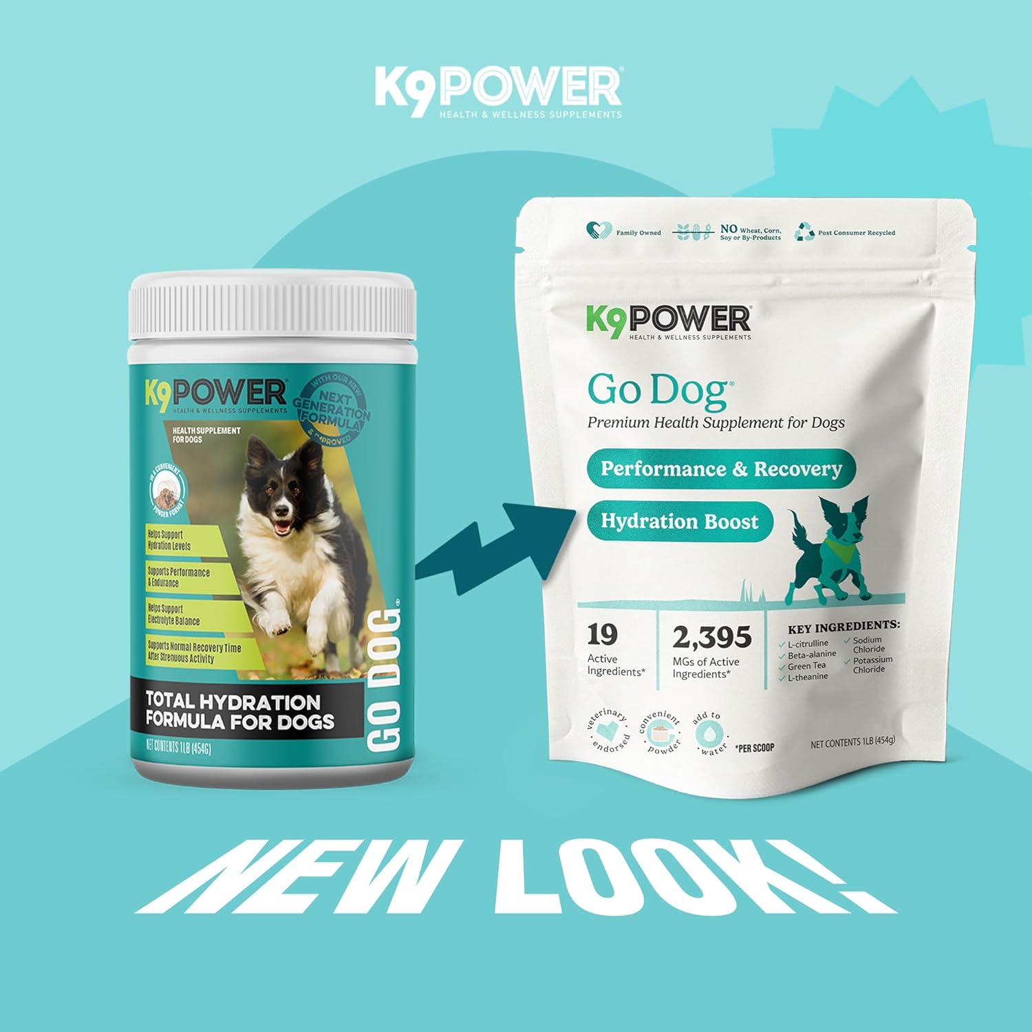 K9 Power Go Dog Hydration & Performance Drink Mix 1 lb - Active Dog Supplement for Muscle Function, Endurance, Recovery, with Electrolytes Support - Pack of 2