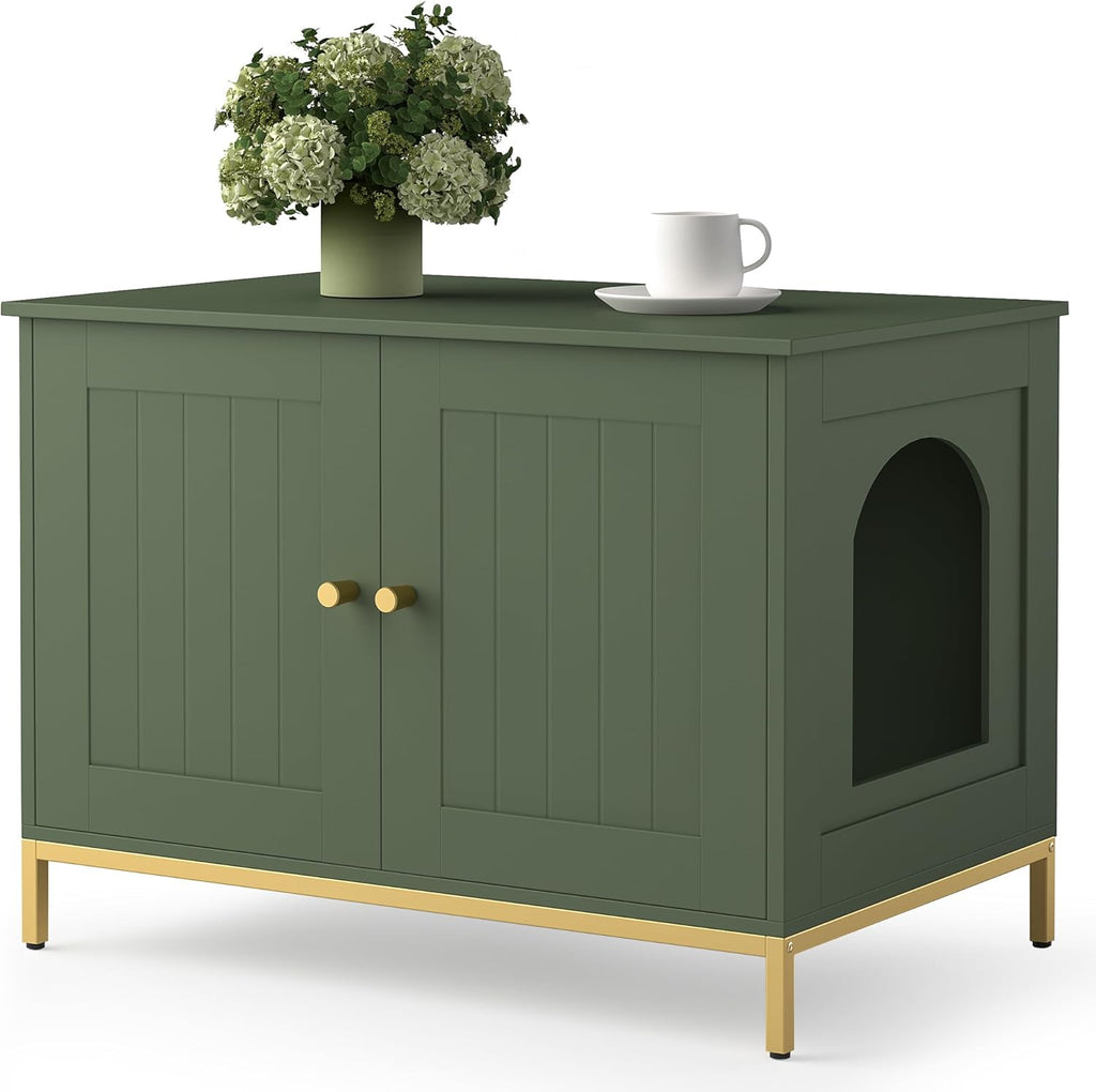 Homhedy Cat Litter Box Enclosure, Cat Washroom Furniture with Metal Frame, Pet House, Fit Most of Litter Box, Modern Style, Green and Gold