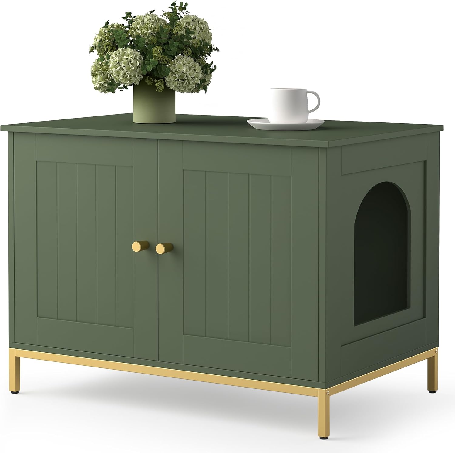 Homhedy Cat Litter Box Enclosure, Cat Washroom Furniture with Metal Frame, Pet House, Fit Most of Litter Box, Modern Style, Green and Gold