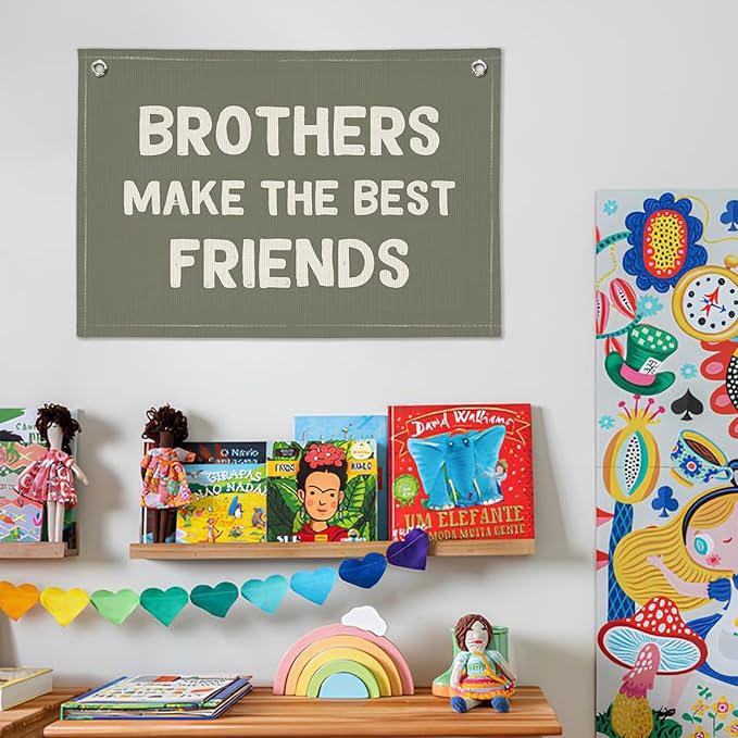 Boy Room Decor, Brothers Make The Best Friends Toddler Room Banner, Linen Canvas Banner Wall Hanging Flag Decor for Nursery Playroom 20x30 Inch